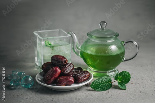 Fresh dates with a teapot and green tea setup, perfect for Ramadan and healthy nutrition