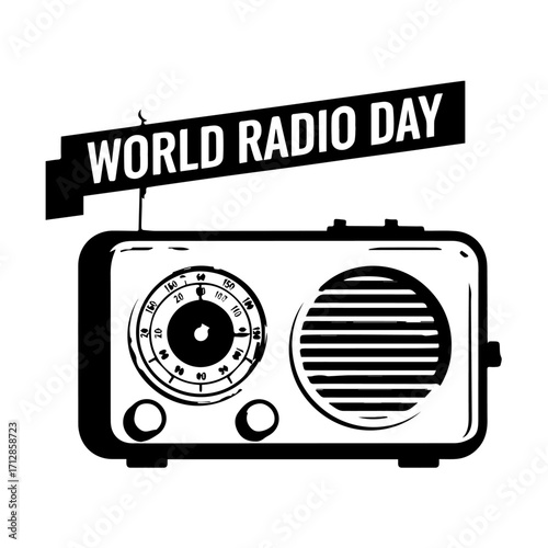 Vintage Radio Illustration with World Radio Day Banner Black and White Design.
