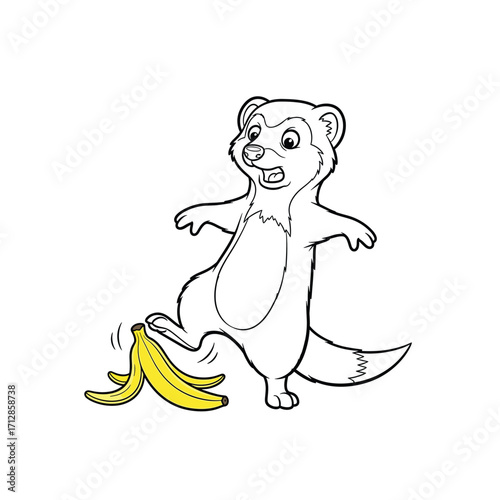 Funny Cartoon Skunk Slipping on Banana Peel Vector Illustration for Kids, Isolated Skunk Accident, Cute, Black and White Line Art