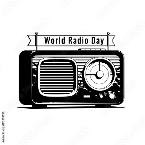 Vintage Radio Illustration with World Radio Day Banner Black and White Design 1.