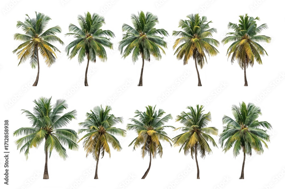 Obraz premium High-resolution images of isolated coconut and palm trees on white background, showcasing a variety of large tropical trees in summer.