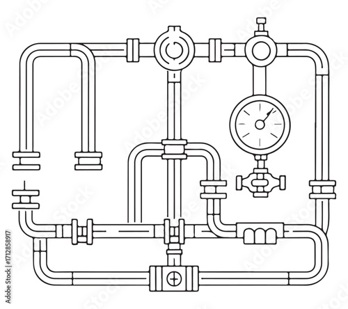 Engineering Pipe System Silhouette Vector, Industrial Plumbing Pipes, Gauges, Valves, and Technical Blueprint Elements