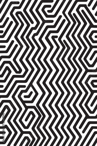 Abstract black and white geometric maze pattern with sharp angles and repeating zig zag lines creating a complex optical illusion
