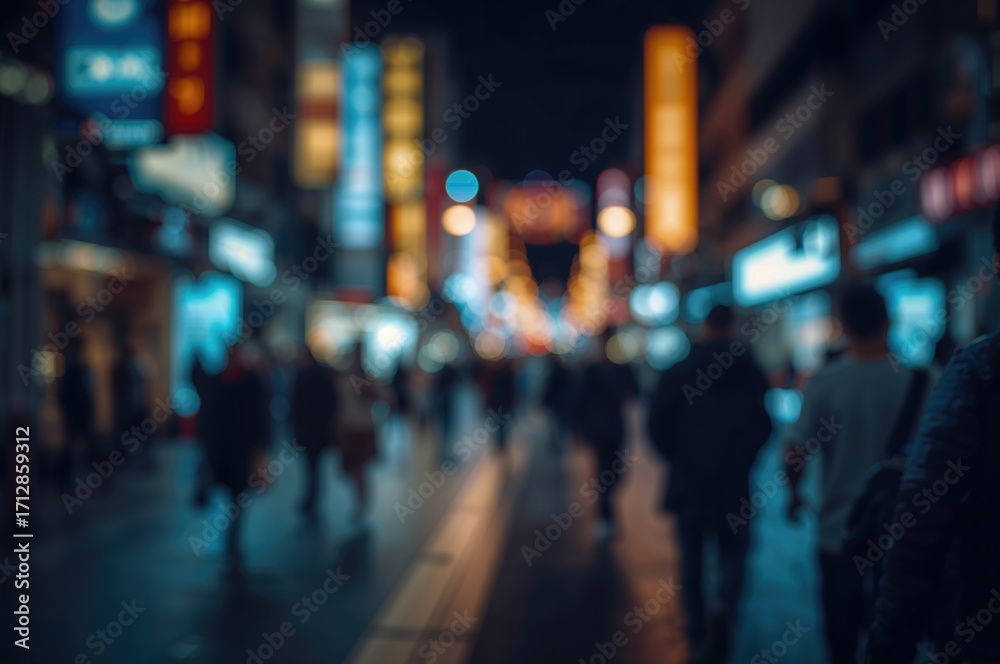Fototapeta premium Vibrant Neon Lights Illuminate a Busy Night Street with Moving Figures