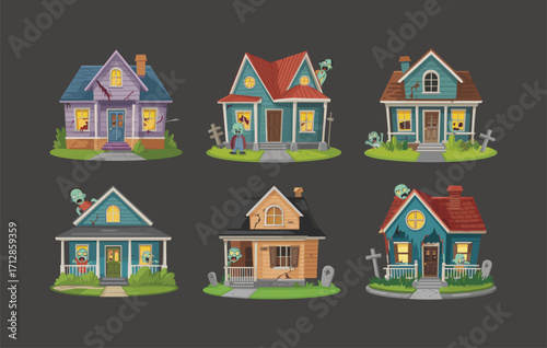 Creepy zombie haunted houses with glowing yellow windows, scary graveyard tombstones, spooky abandoned buildings and undead monsters, Halloween horror night vector illustration for decoration
