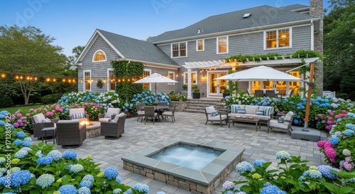 Beautifully Landscaped Backyard Patio with Hydrangeas and Fire Pit