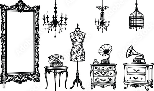 A monochrome illustration of vintage furniture and decorative objects in a room setting design style