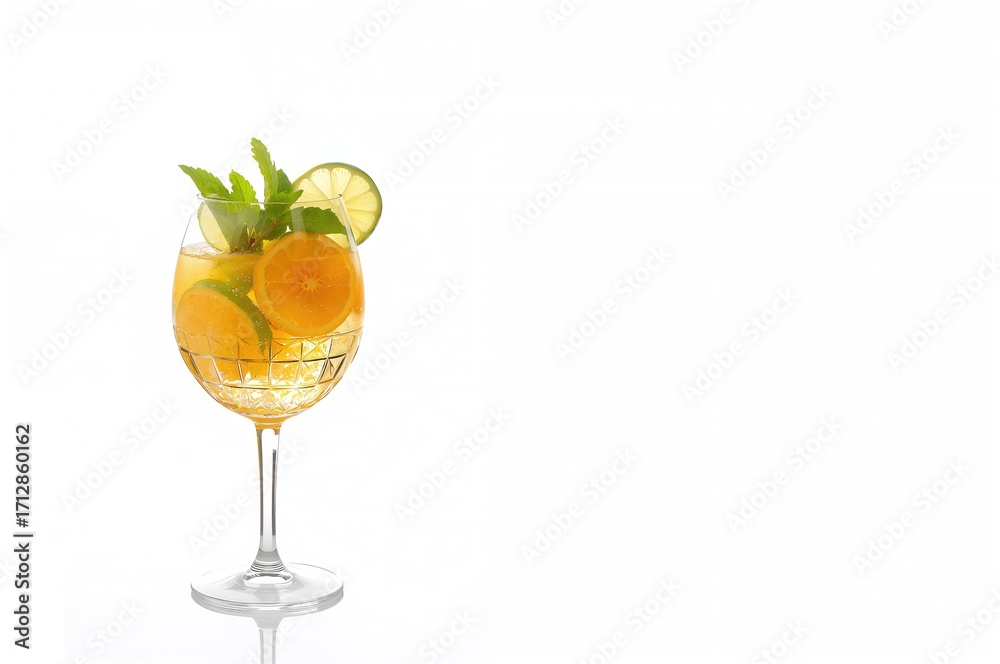 Fototapeta premium Chilled Citrus Sangria Served in a Clear Glass Against a White Backdrop with Space for Text