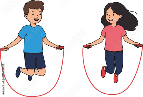 Children skipping rope together, kids exercising outdoors, healthy lifestyle, playful activity, jump rope fun, fitness, active kids, childhood joy, outdoor exercise, happy children playing, teamwork.