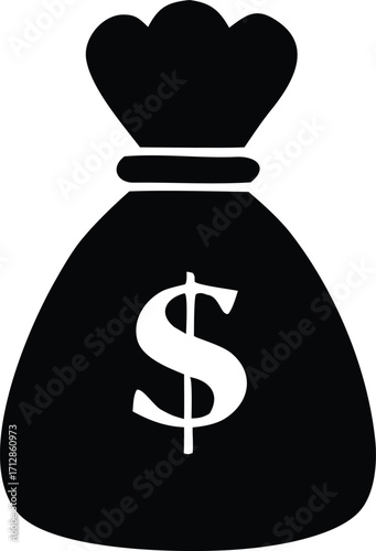 Simple silhouette of a money bag with a dollar sign symbolizing wealth finance and financial success