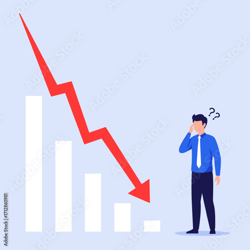 Business man confused by falling stock market graph.