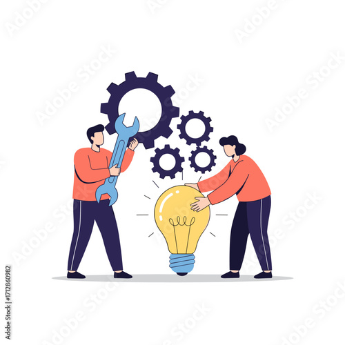 Teamwork and Innovation Concept with Gears and Lightbulb.