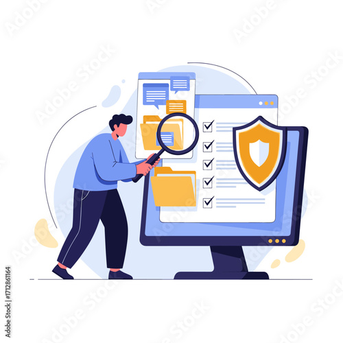 Man Inspecting Digital Files on Computer Screen with Magnifying Glass.