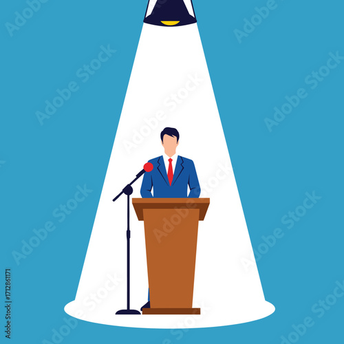 Man Speaking at Podium Under Spotlight.