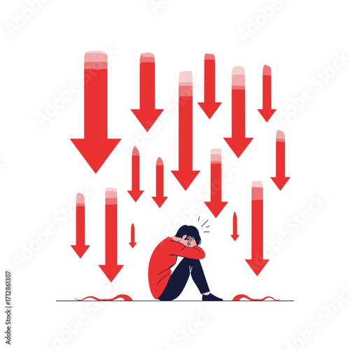 Man sitting down surrounded by red down arrows representing decline and stress.