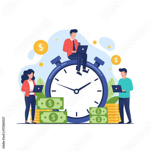 Business people working on laptops around a clock and money.