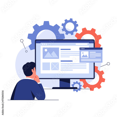 Man working on computer with gears and website design elements.