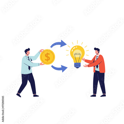 Businessmen exchanging money for an idea represented by a lightbulb.