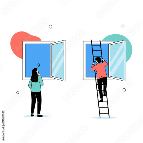 Two people interacting with windows one climbing ladder to enter.