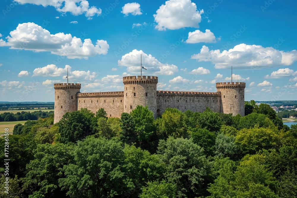 Obraz premium Historic stronghold rises above dense foliage, highlighting the magnificence of its stone turrets and ramparts under a clear blue summer sky