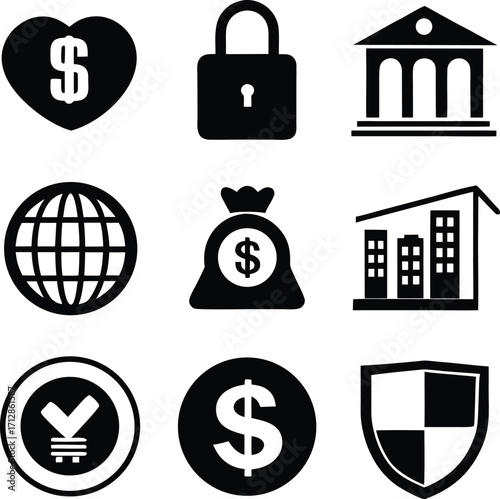 Collection of financial and security icons featuring dollar signs building globe lock shield and heart shapes for business and finance concepts