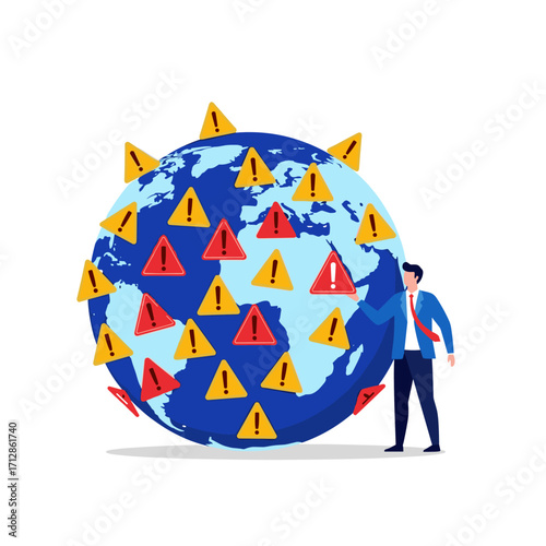Global Warning Signs Businessman Points to Earth with Danger Symbols.