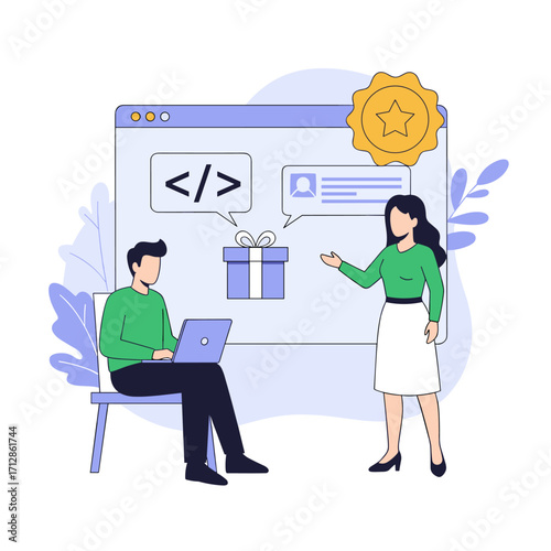 Teamwork and coding success with gift reward illustration.