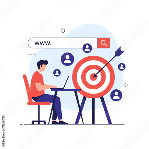 Man working on laptop targeting online audience with search bar and target board illustration.
