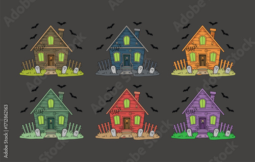 Spooky haunted house with glowing green windows, creepy bats flying, tombstones and broken fences, Halloween night scary ghost mansion vector illustration for decoration