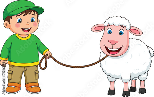 Cartoon boy holding sheep, cute farm animal illustration, happy child character, livestock artwork, countryside rural design, smiling lamb cartoon