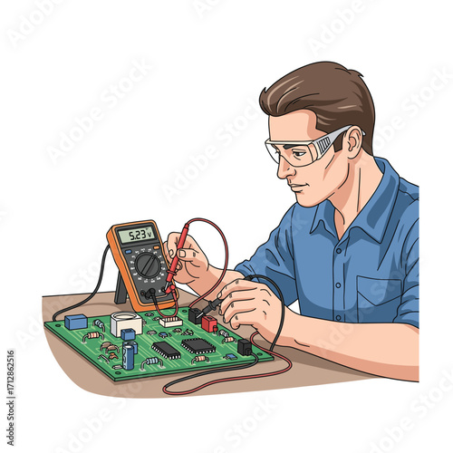 Electronics Technician Repairing Circuit Board with Multimeter: Troubleshooting and Diagnostics for Electronic Components, Featuring Man in Safety Glasses, Cartoon Style Illustration