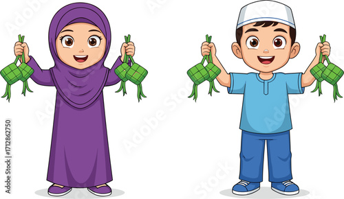Cartoon Muslim boy and girl holding ketupat, Islamic children celebrating Eid al-Fitr, traditional culture, happy kids illustration, festival celebration