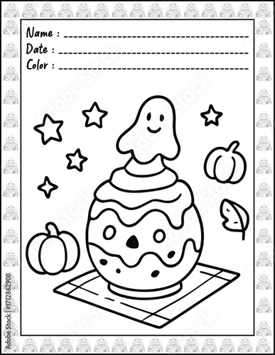 Bold and Easy Spooky Hygge Coloring Book for Adults and Kid. High resolution (300 DPI), Ready to print on standard 8.5x11-(A4) inch paper With (No Bleed), Black and White. Vector illustration
