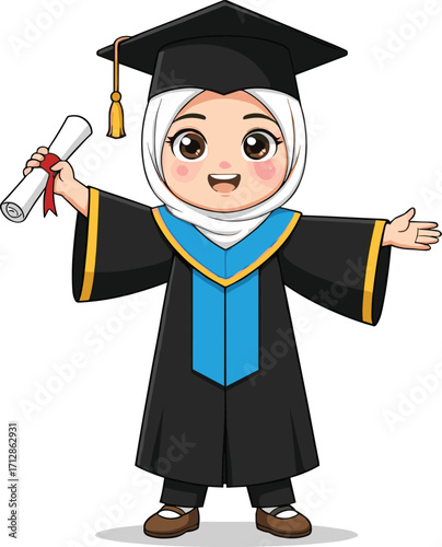 Cartoon Muslim girl graduation, cute child in cap and gown, holding diploma, happy student, academic success, education celebration, achievement illustration