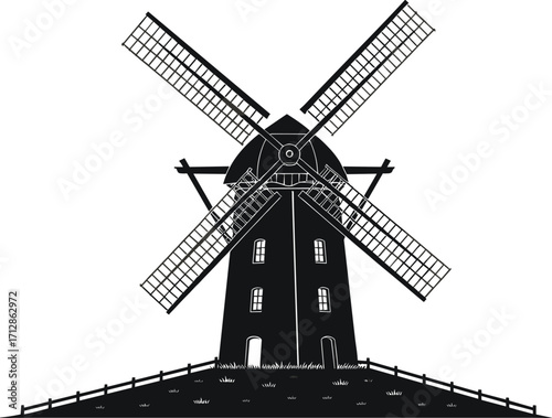 Classic windmill silhouette on hill, rural architecture icon, black and white illustration, historical energy structure, countryside scene design