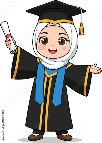 Cartoon Muslim girl graduation, cute child in cap and gown, holding diploma, happy student, education success, academic achievement, graduation ceremony illustration