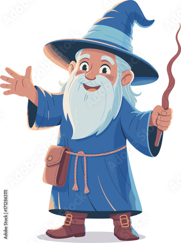 Cartoon wizard character illustration, old magician with staff, fantasy sorcerer artwork, magical bearded man in robe, fairy tale drawing