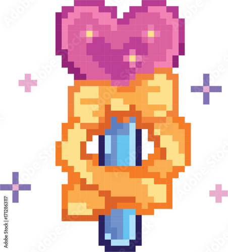 Pixel art magic wand with a sparkling pink heart gem and a golden ribbon bow.