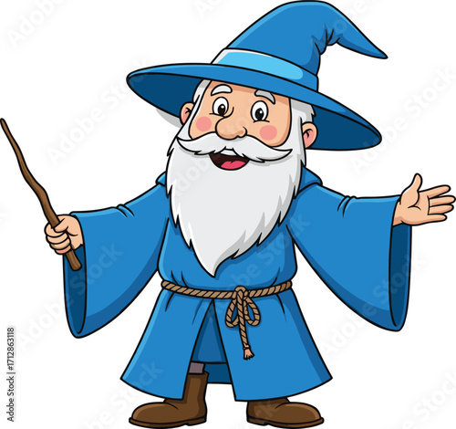 Cartoon wizard character in blue robe, holding magic wand, fantasy sorcerer illustration, magical man with beard, Halloween mystical artwork