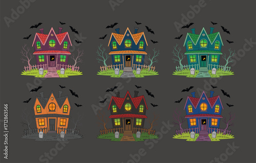 Haunted house with spooky bats, tombstones, and bare trees, Halloween scary home vector illustration, creepy ghostly mansion design, seasonal horror night decoration for party