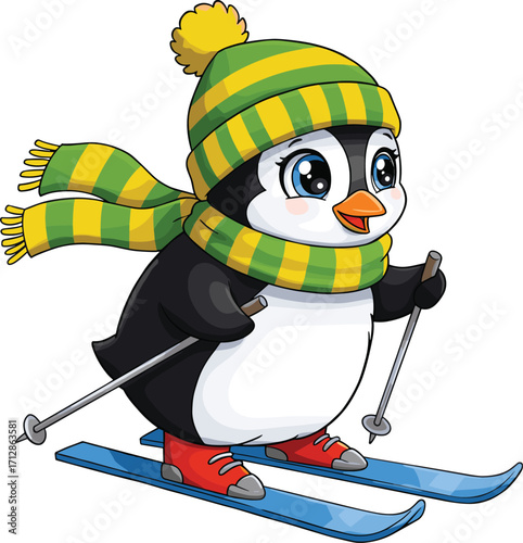 Cute cartoon penguin skiing in winter, wearing green scarf and hat, happy animal character illustration for holiday fun and sport design