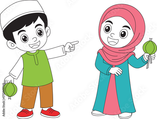 Cute Muslim kids cartoon illustration, Islamic children artwork, boy and girl in traditional dress, Eid celebration vector, Ramadan festival design