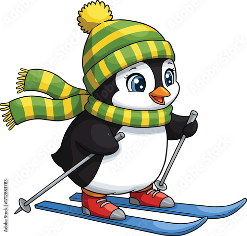Cute penguin skiing in snow, cartoon winter animal wearing green scarf and hat, holiday sport illustration, funny character design art