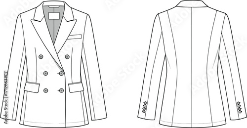 Double breasted blazer fashion flat sketch, formal jacket technical drawing, stylish coat template, apparel clothing design outline, vector illustration front back