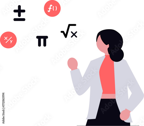 Illustration of a woman in a lab coat with math symbols around her.