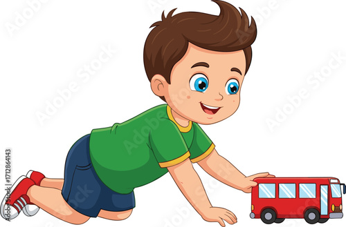 Happy cartoon boy playing with red toy bus, crawling child in green shirt, cute smiling kid illustration, childhood fun drawing
