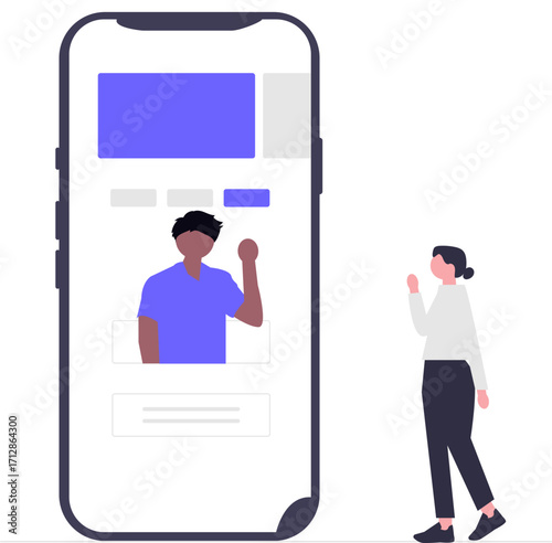 Illustration of a person interacting with a large smartphone displaying a profile.