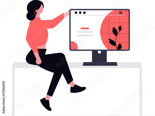 Illustration of a woman sitting on a desk in front of a computer screen.