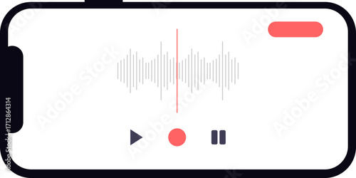 Illustration of a mobile phone screen displaying an audio recording interface with play, record, and pause buttons.