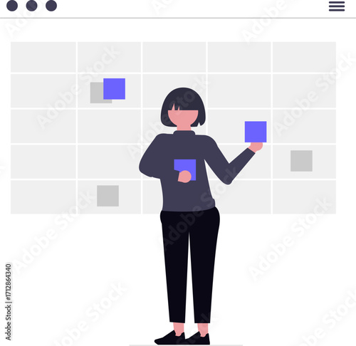 Woman arranging blue squares on a grid, planning or organizing concept.